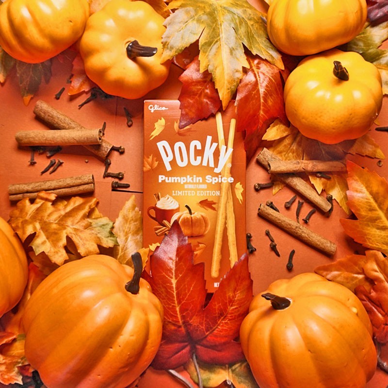 Pocky Pumpkin Spice box surrounded by pumpkins, cinnamon sticks, and fall leaves